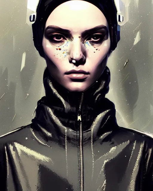 Prompt: detailed portrait European Pretty Luxury Corporation Girl cyberpunk futuristic gloomy neotokyo Reflective jacket coat, Tight fit elegant Futuristic sci-fi fashion by ismail inceoglu dragan bibin hans thoma greg rutkowski Alexandros Pyromallis Nekro Rene Margitte illustrated Perfect face, fine details, realistic shaded, fine-face, pretty face