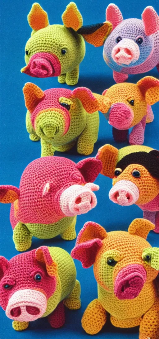 Image similar to multicolored crocheted pigs, 1 9 8 0 s catalogue photo