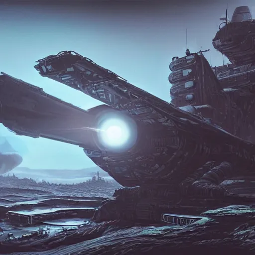 Image similar to a photorealistic picture of big spaceship landed on a dark planet, lot of details, greeble and nurnies, in the style of Nostromo, dark mood, cinematic