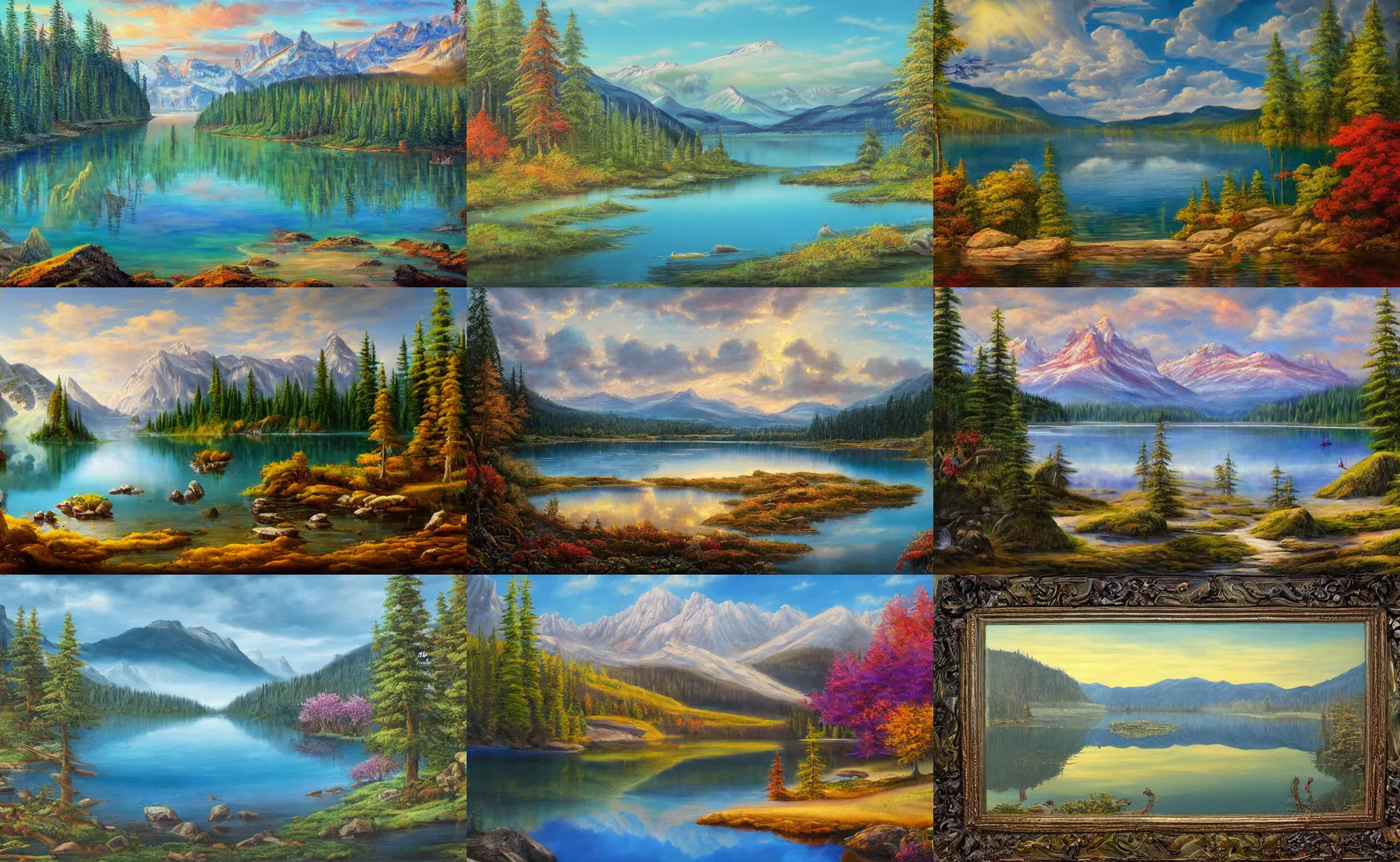 Image similar to beautiful award winning mythical painting of a canadian lake, 4 k, ultra hd