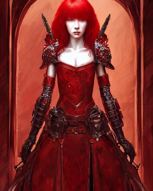 Image similar to redhead queen knight in heavy red armor, inside grand hall in castle with rococo aesthetic, intimidating, high fantasy, intricate detail, digital painting, artstation, concept art, smooth, sharp focus, illustration, art by yoshitaka amano and monia merlo and wlop, masterpiece