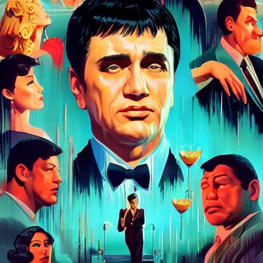 Image similar to scenes from the movie scarface as vintage poster art, coherent, intricate, elegant, volumetric lighting, sharp focus on scenery, digital painting, highly detailed, artstation, sharp focus, illustration by j scott campbell hsiao ron cheng, ngai victo