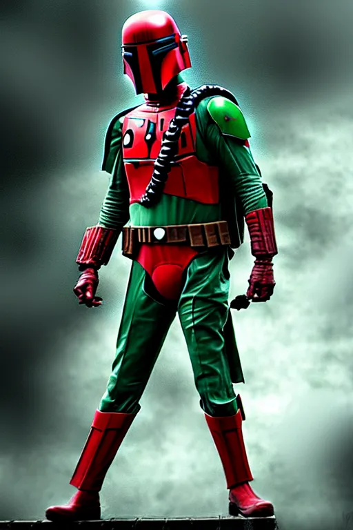 Prompt: boba fett spiderman character mashup, digital art, movie still from the matrix, insane detail