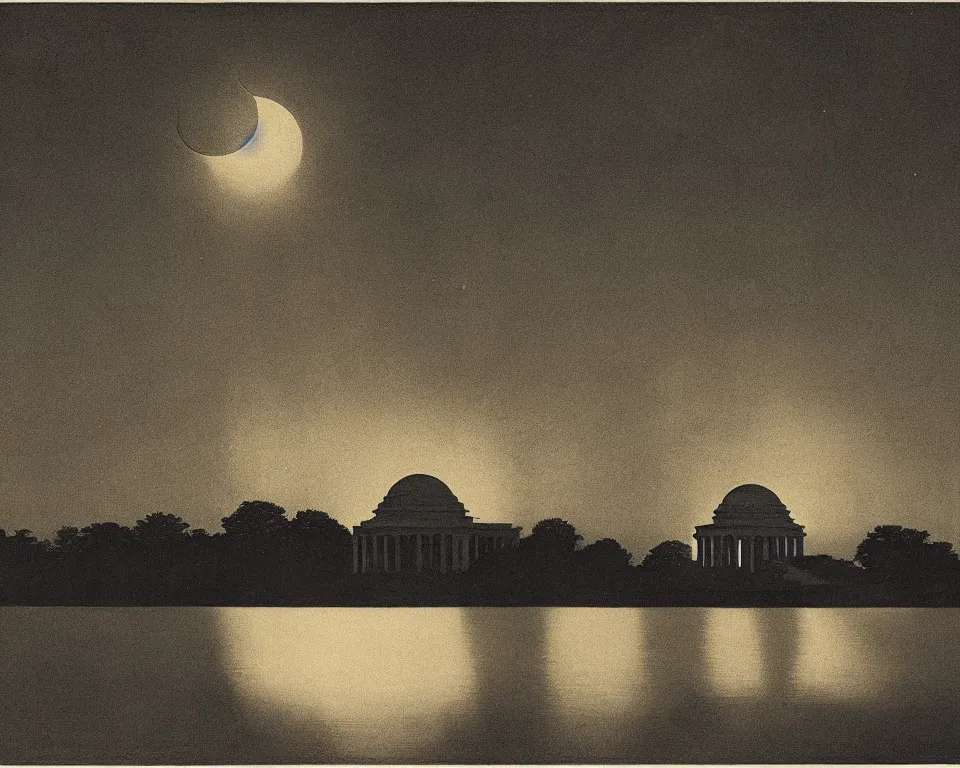 Prompt: beautiful print of the Jefferson Memorial bathed in moonlight by Hasui Kawase and Lyonel Feininger.