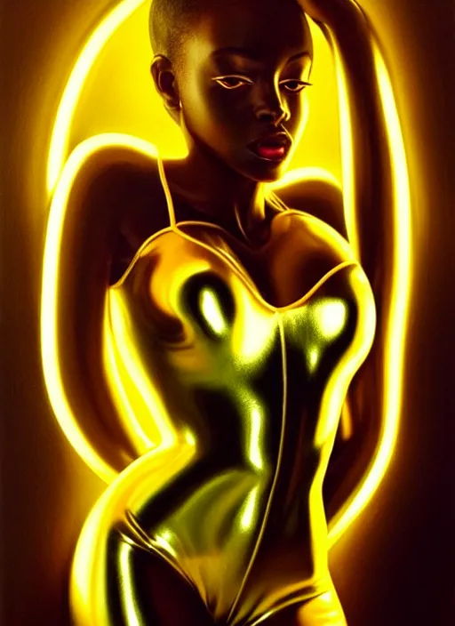 Image similar to a gorgeous black woman oil painting, soft lighting, wearing shiny gold catsuit, illuminated only by floating, glowing alien symbols, realistic, smooth face, perfect eyes, wide angle, sharp focus on eyes, 8 k high definition, insanely detailed, intricate, elegant, art by artgerm, livia prima and wlop