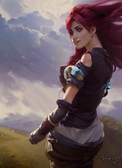 Prompt: portrait of Katarina from League of Legends after work, countryside, calm, fantasy character portrait, dynamic pose, above view, view from above, sunny day, thunder clouds in the sky, artwork by Jeremy Lipkin and Giuseppe Dangelico Pino and Michael Garmash and Rob Rey, very coherent symmetrical artwork, sharp edges, perfect face, simple form, 100mm