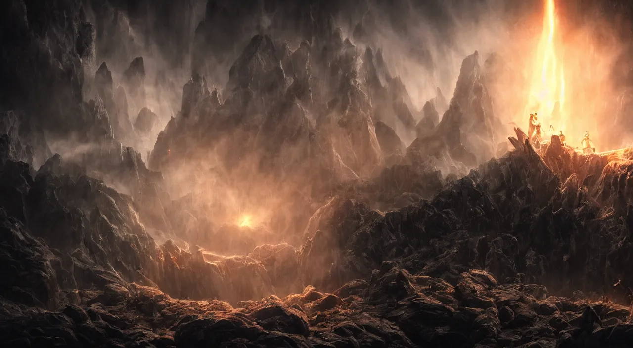 Image similar to god fighting the devil, dark, fiery, mines of moria, lord of the rings aesthetic, in style of alan lee, cinematic, cinematic lighting, octane render, motion blur, highly detailed