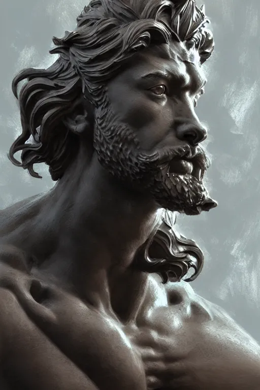 Image similar to portrait of dog as god by greg ruthkowski and craig mullins, norse statue, gorgeous, amazing, flowing hair, muscular, very muscular male body, intricate, highly detailed, 8 k, digital painting