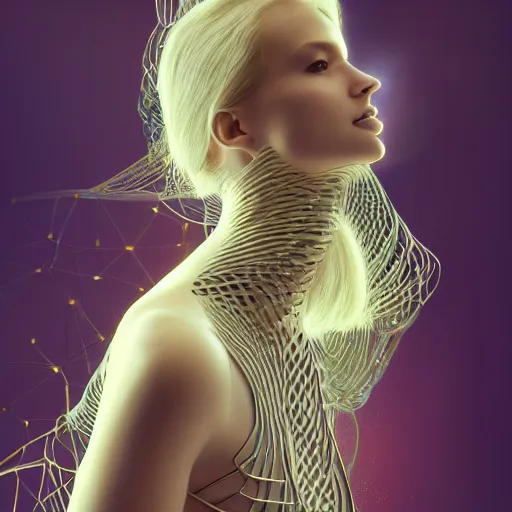 Prompt: a highly detailed digital image of an elegantly posed futuristic woman beautifully intertwined in chromatic liquid like leaves, full body shot ,matte white background by Andrew Chiampo, artstation, and Frederik Heyman, extremely detailed woman, stunning volumetric lighting, hyper realism, fantasy 4k