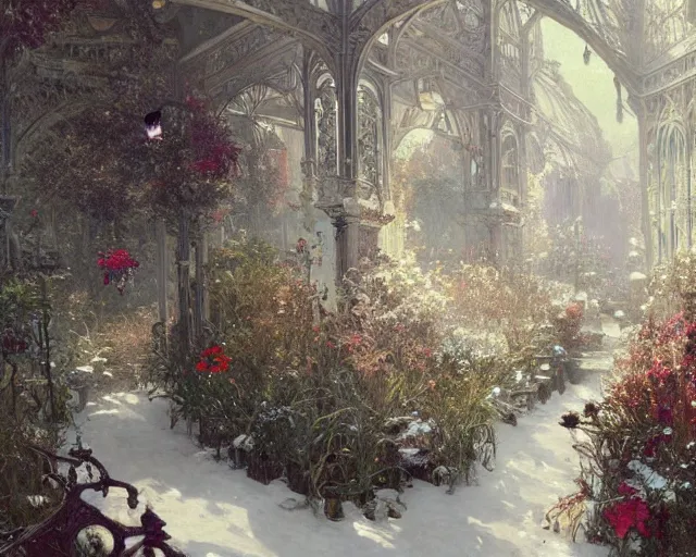 Image similar to a beautifull intricate winter garden with many flowers, reflexions, verry high details by william turner art, greg rutkowski and alphonse mucha, trending on artstation, very very detailed, masterpiece, - h 7 0 4