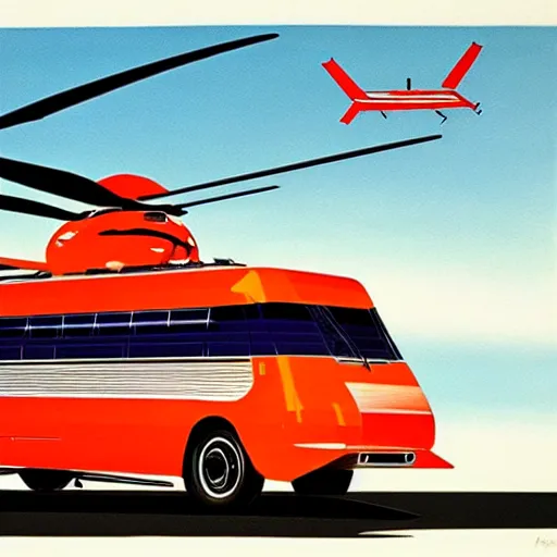 Image similar to concept art for bus + helicopter, painted by syd mead, high quality