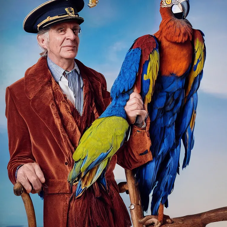 Image similar to high fashion photoshoot octane render portrait by wayne barlow and carlo crivelli and glenn fabry, a distinguished sea captain wearing a colorful eccentric velvet pastel vintage uniform and holding a macaw while standing on a beautiful high - end white and wood yacht, very short depth of field, bokeh