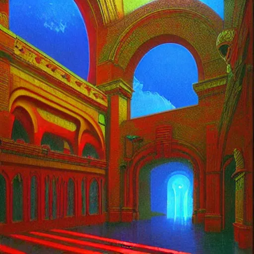 Image similar to art decor interior with arched windows, neon lighting, cyberpunk, high contrast, bright colors, dramatic, fantasy, by Moebius, by zdzisław beksiński, Fantasy LUT, epic composition,