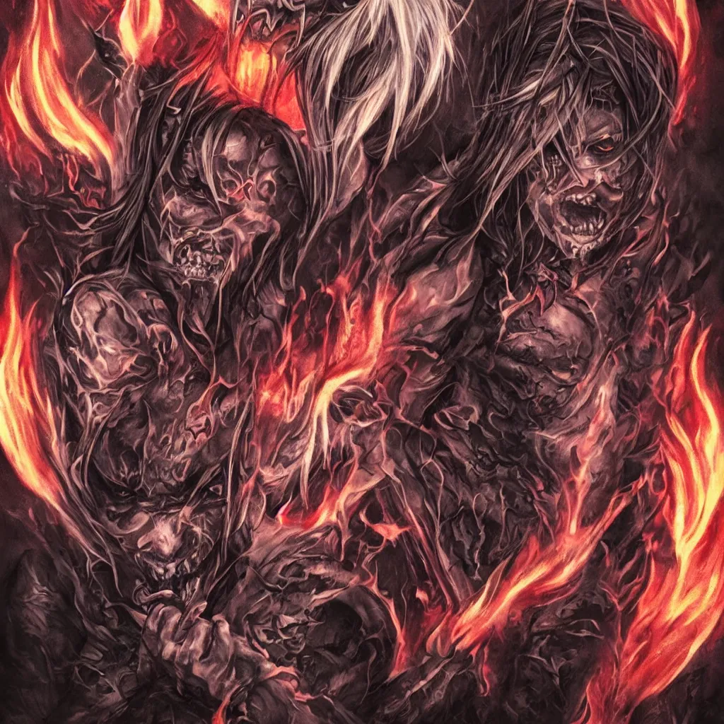 Image similar to fire demons, white hair, tattoos, black eyes, red eyes, smoke, details, high detail, fire, lots of definition, evil, dark, misery, horror style