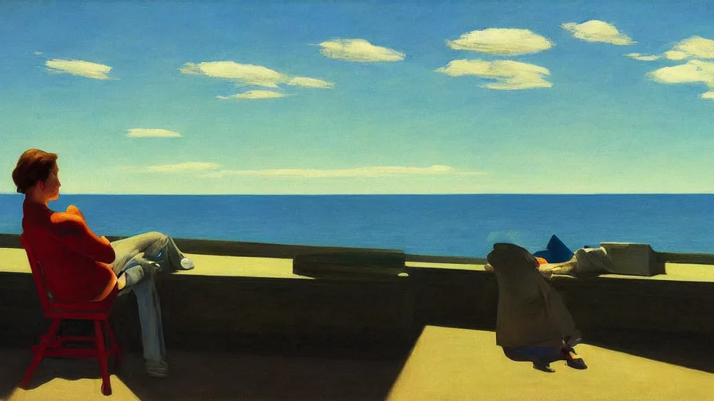 Image similar to artist painting blue sky by Edward Hopper. 8K. Extremely detailed.