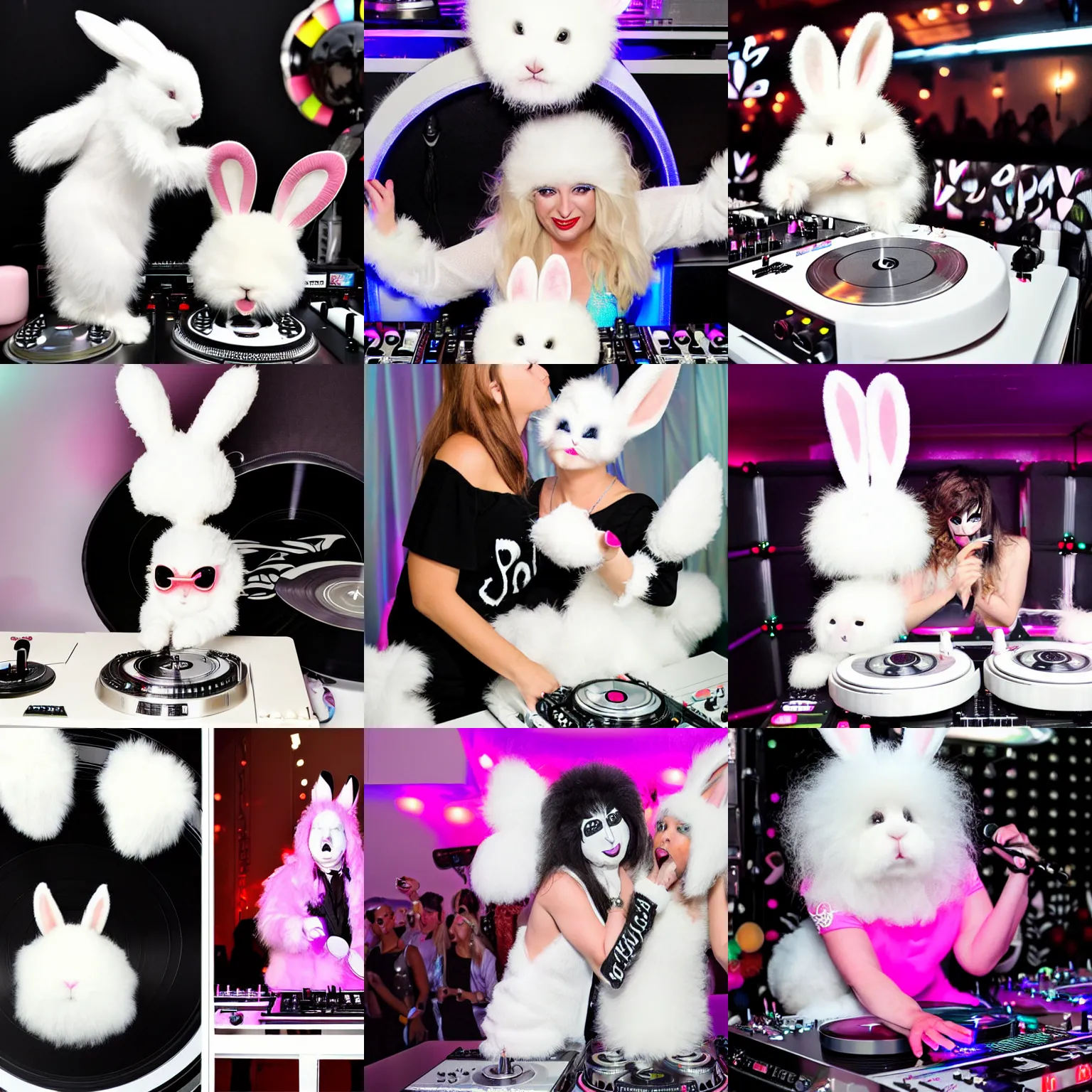 Prompt: super cute fluffy white bunny rabbit in gene simmons kiss makeup DJing with DJ turntables, photoreal