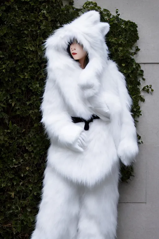 Image similar to full body aesthetic photograph of a beautiful young japanese woman in a furry white cat costume, cosplay, by Nick Knight, realistic, photorealistic, HD, 4k resolution