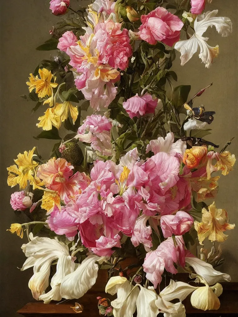 Prompt: highly detailed, hyper realistic, still life with flowers, Dutch painting, old masters, iris, lilies, leaves, roses, peonies, marigold, roses, cherry blossoms, apple blossoms, butterfly, bees, in the style of Rachel Ruysch
