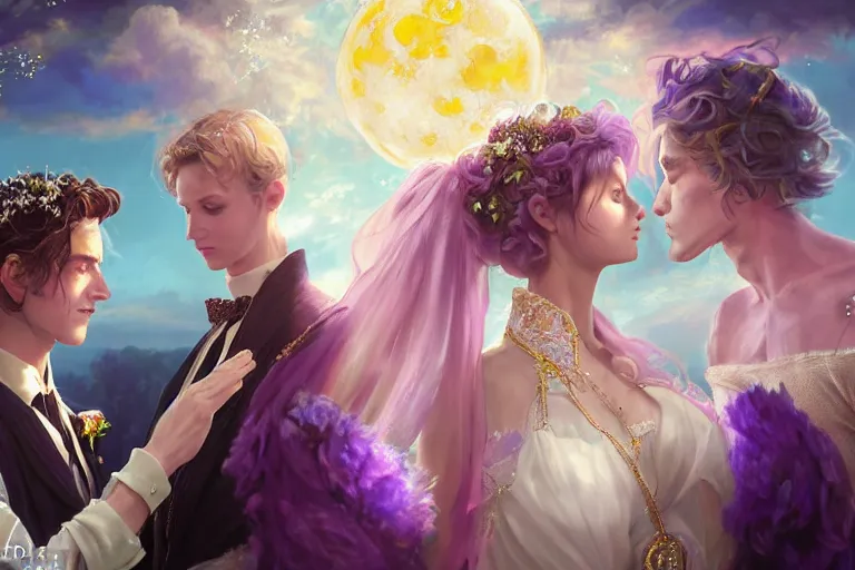 Image similar to a dreamlike cinematic portrait of wedding photograph close up moment of a divine a russia sun god and moon goddess lovers magician at a wedding banquet. portraiture. digital painting. artstation. concept art. fantasy wedding photo. digital painting, 8 k realistic, hyper detailed, violet evergarden art masterpiece by art by krenz cushart