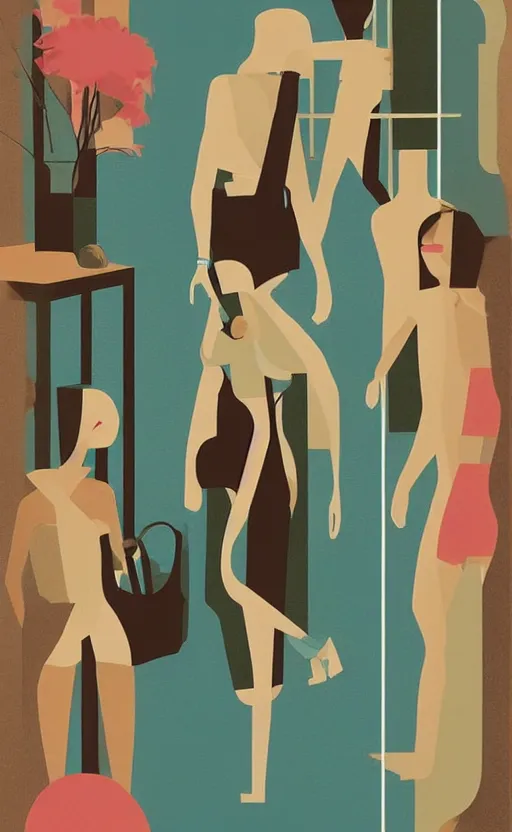 Prompt: illustration with androgynous people walking in beige swimsuits in cozy luxurious interior, an art deco painting by tom whalen, trending on behance, art deco, digital illustration, storybook illustration, grainy texture, flat shading, vector art, airbrush, pastel, watercolor, poster