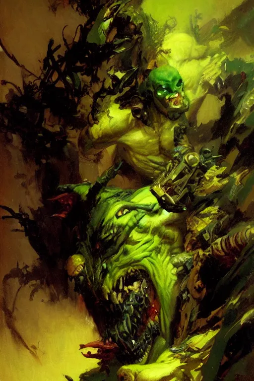 Prompt: green demon with black eyes and yellow teeth, painting by gaston bussiere, craig mullins, greg rutkowski, yoji shinkawa