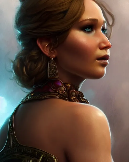 Image similar to Jennifer Lawrence, closeup, D&D, fantasy, intricate, elegant, highly detailed, digital painting, artstation, concept art, matte, sharp focus, illustration, hearthstone, art by Artgerm and Greg Rutkowski and Alphonse Mucha