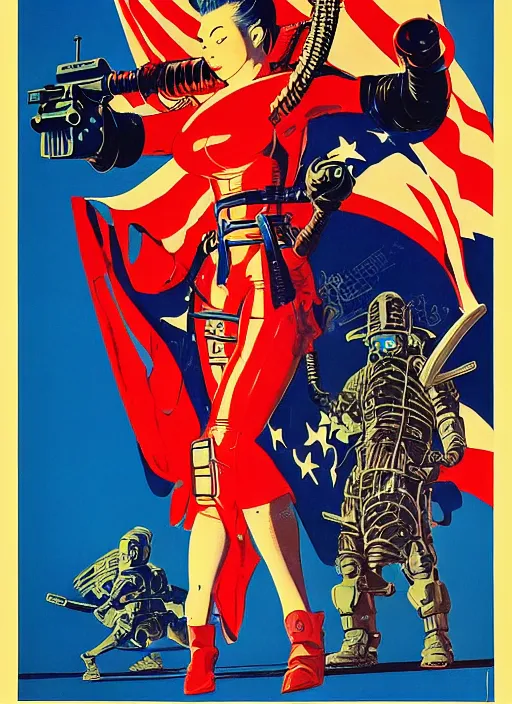 Image similar to american propaganda poster. cyberpunk samurai lady. portrait by jean giraud and anton otto fischer and john philip falter and will eisner and gil elvgren