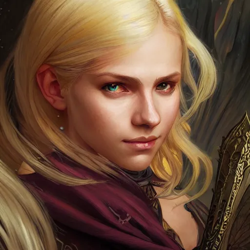 Prompt: an epic fantasy comic book style portrait painting of a young blonde girl thief, d & d, fantasy, joyful smirk, intricate, elegant, highly detailed, digital painting, artstation, concept art, matte, sharp focus, illustration, art by artgerm and greg rutkowski and alphonse mucha