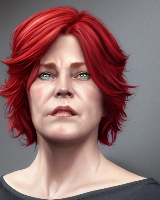 Image similar to portrait of short and plump 5 0 - year - old woman with red hair and, kind face, short hair, hyper realistic face, beautiful eyes, character art, art by mark brooks, hyperdetailed, cryengine, trending on artstation, digital art