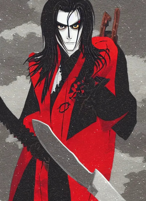 Image similar to illustration of a handsome male vampire by tatsuki fujimoto, long black hair, glowing red eyes, brown coat, chainsaw sword