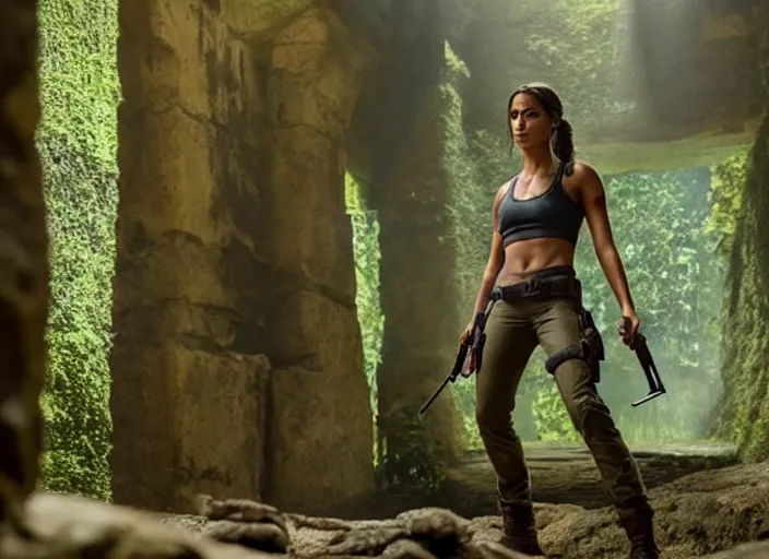 Image similar to film still of!!!! naomi scott!!! as lara croft in new tomb raider movie, 8 k