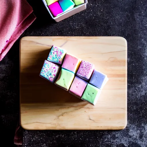 Image similar to photograph of a delicious marshmallow cube with sprinkles on a dark wooden chopping board, pastel colours, hessian cloth, styled food photography, photorealistic, 4 k, canon 1 d, bohek