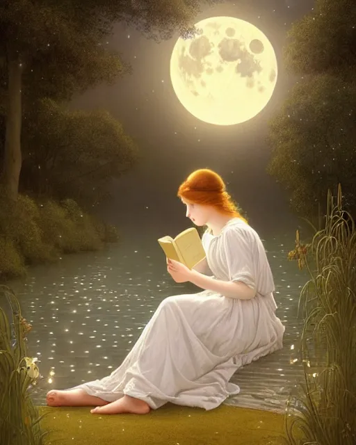 Prompt: a girl in white nightgown reading a book by the river, a full moon on the horizon, dark starry sky, golden orbs and fireflies, illustration, dramatic lighting, art nouveau, highly detailed face, 8 k, hd, by edmund blair leighton, brom, charlie bowater, trending on artstation, faces by tom bagshaw, sargent