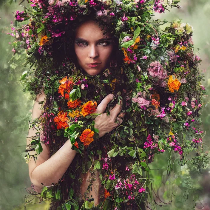 Image similar to a gorgon wearing a cloak made of flowers, by Omar Z. Robles, CANON Eos C300, ƒ1.8, 35mm, 8K, medium-format print