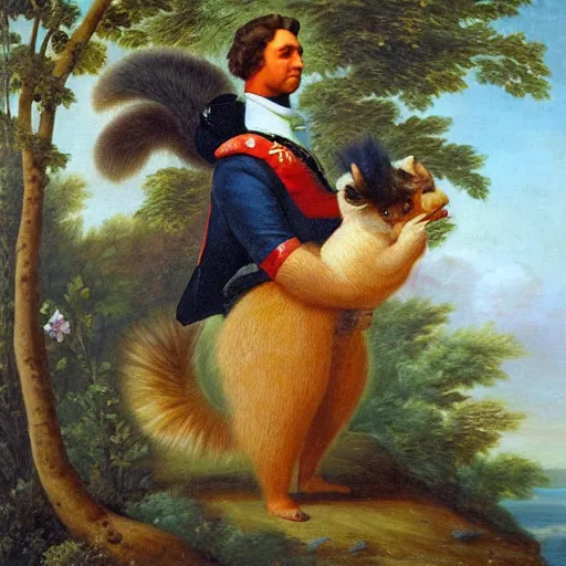 Image similar to a giant fluffy squirrel carrying napoleon bonaparte on its back, beach scene, flowers and foliage, detailed oil painting