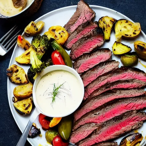 Image similar to delicious 3 2 mm zoomed in adversities photography of a large seared and smoked and seasoned steak well done, with a side seasoned grilled vegetables top in a creamy mozzarella cheese sauce, on a hot platter, very delicious