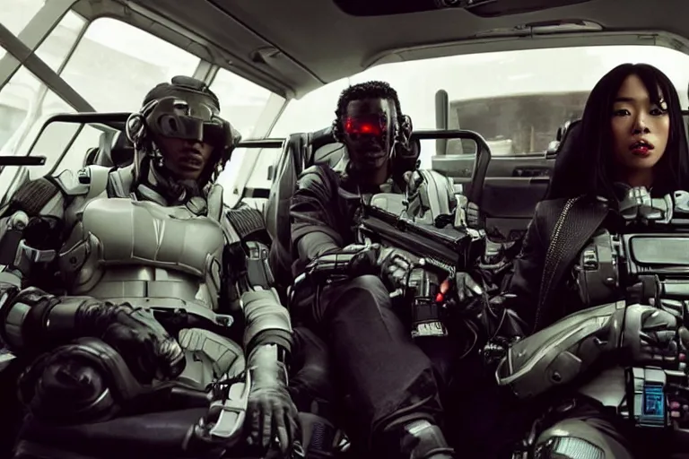 Image similar to movie diverse interracial team of Japanese sci-fi futuristic robbers armed with rifles interior clean futuristic tactical van, cyberpunk city, beautiful skin, Symmetrical faces. natural lighting by Emmanuel Lubezki