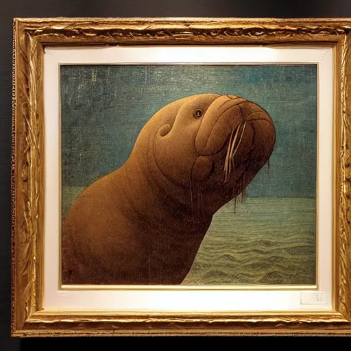 Image similar to Leonardo DaVinci\'s highly sought after painting of a walrus in a swimsuit