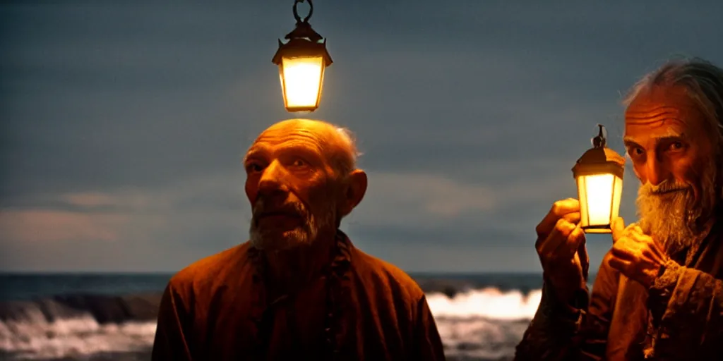 Image similar to film still of closeup old man holding up lantern by his beach hut at night. pirate ship in the ocean by emmanuel lubezki