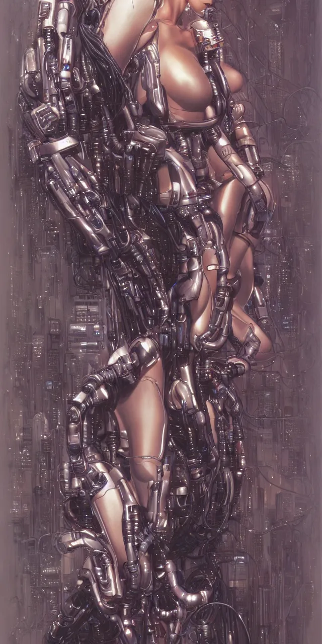 Image similar to beauty Blade Runner woman, robotic, cyberpunk, lots of cables and wiring, electrical details, trending on artstation, by Hajime Sorayama and Boris Vallejo