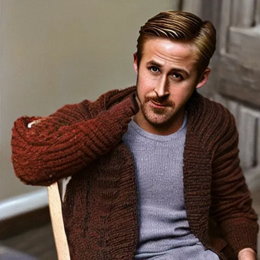 Image similar to ryan gosling but he is knitted from yarn sits on a chair, lethal preservation, proportions, quality, realism, focus in the foreground,