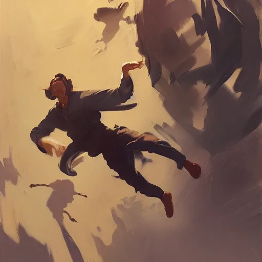 Image similar to greg manchess portrait of a man tripping and falling, profile picture, organic painting, sunny day, matte painting, bold shapes, hard edges, street art, trending on artstation, by huang guangjian, gil elvgren, ruan jia, randy vargas, greg rutkowski