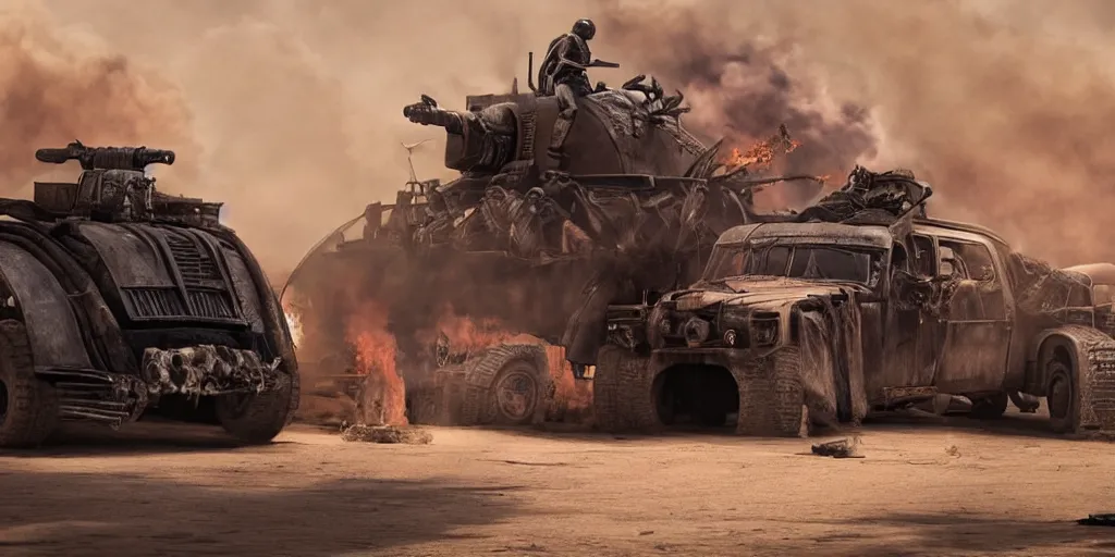 Image similar to Darth Vader standing on the hood of a driving post apocalyptic battle car in the desert and weilding a flamethrower, Mad Max Fury Road style, sandstorm