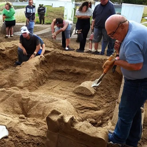 Image similar to photo of archaeologists unearthing a gold statue of danny devito