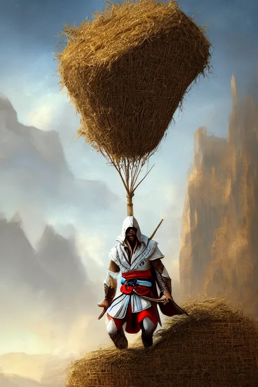 Image similar to ezio audotire plunging from the sky into a haystack, background with some dromedaries, digital art, trending on artstation