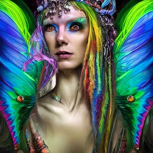 Image similar to A princess with rainbow wings and rainbow hair. complex hyper-maximalist over-detailed beautiful but terrifying, cinematic cosmic scifi portrait of an elegant very attractive but wild and dangerous witch anthropomorphic female warrior god by andrei riabovitchev, tomasz alen kopera, oleksandra shchaslyva alex grey and bekinski. Fantastic realism. Volumetric soft green and red lights. Ominous intricate. Secessionist style ornated portrait illustration. Unreal engine 5. Focus on face. Artstation. Deviantart. 8k 4k 64megapixel. Cosmic horror style. Rendered by binx.ly. coherent, hyperrealistic, lifelike textures and only one face on the image.