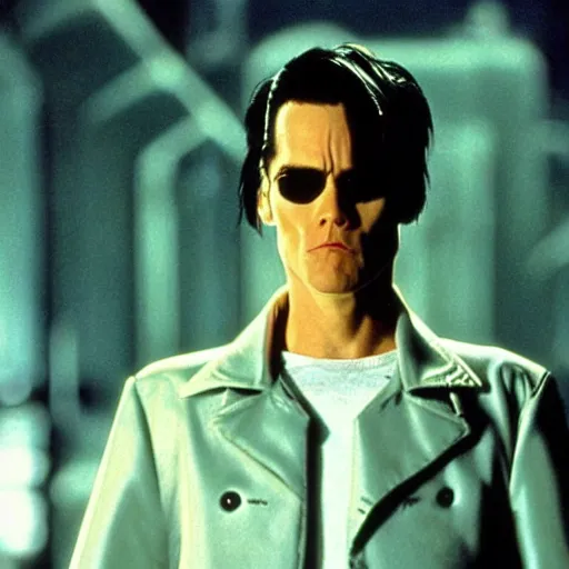 Image similar to Jim Carrey as Neo from The Matrix (1999)