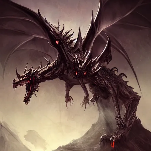 Image similar to dark fantasy concept of a vampire dragon god, with dark matter and molten armor on a mountain, cinematic, dynamic lighting, photorealistic, ultra detailed, trending on art station, stunning visuals, creative, hyper detailed