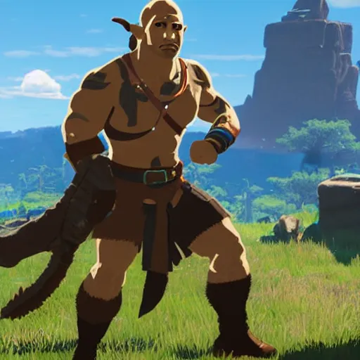 Image similar to dwayne the rock johnson as zelda breath of the wild character screenshot from zelda breath of the wild game