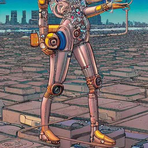 Image similar to a beautiful highly detailed futuristic mechanical lady, cyberpunk rooftop on jupiter, filled with people,, art by geof darrow,